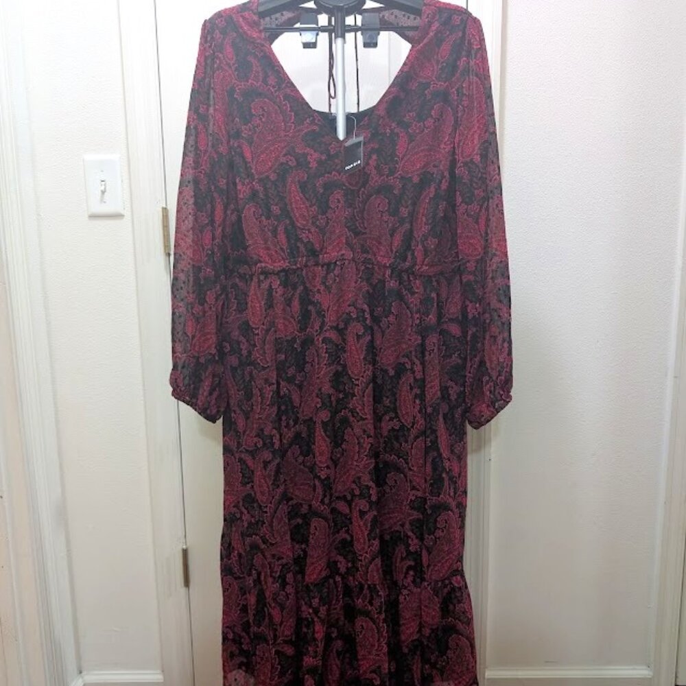 Torrid NWT New Tea Length Clip Dot Open Back Aline Dress Paisley Red Black 2X